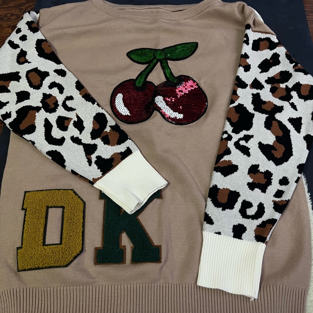 Women's Tan Sweater with Cherry and Leopard Print